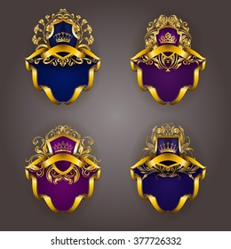 Set of gold royal shields for graphic design on background. Old graceful frame,  border, crown, floral element, ribbon in vintage style for icon, label, emblem, badge, logo. Vector illustration EPS10