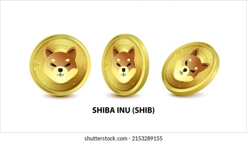 Juego de ilustración del vector Gold SHIBA INU (SHIB). Moneda digital. Criptodivisa. Monedas de oro con bitcoin, rizo y símbolo etéreo aisladas sobre fondo blanco. Monedas físicas isométricas 3D.