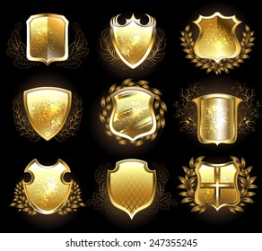 Set of gold shields on black background. 