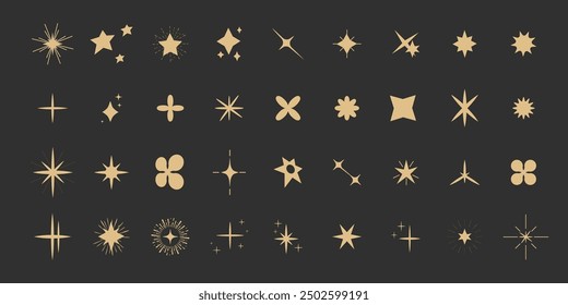 Set gold shine sparkle icon glare,light,blink star minimal shape, burst and rays golden decoration. Twinkle magic comic shine isolated on dark background.
