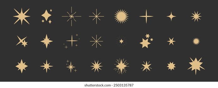 Set Gold Glanz funkeln Symbol Blendung, Licht, Blinzeln Stern minimale Form, Burst und Strahlen goldene Dekoration. Twinkle magischer Comic-Glanz einzeln auf dunklem Hintergrund.