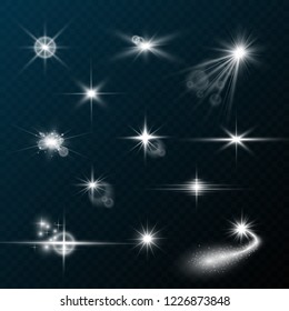 Set of gold shining light effects. Beautiful sparks shine with a special light. Sparkles. Christmas abstract pattern. Beautiful illustration for a postcard. Background for the image. Luminaries.