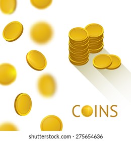 Set of Gold Shiny Coins. Falling Money Illustration. Vector Bank Background. Cash Icon.