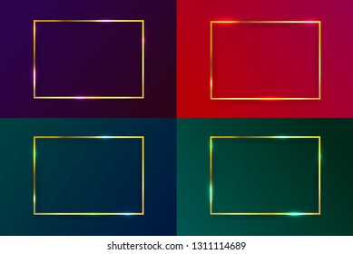 Set of gold shiny glowing vintage frames with shadows. Golden luxury realistic rectangle border. Wedding, mothers or Valentine's day concept. Vector illustration. Isolated on colorful background.