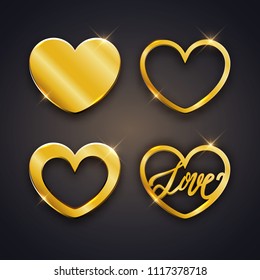 Set of gold shiny hearts, vector illustration