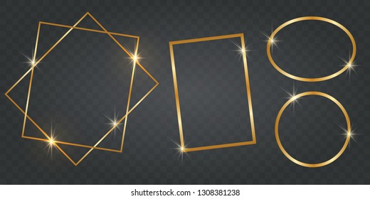 Set of gold shiny square and round frames, on black transparent background. Vector illustration