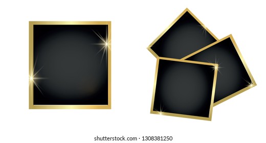 Set of gold shiny square and round frames, on white transparent background. Vector illustration