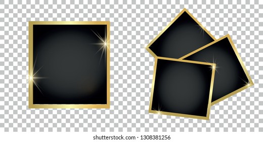 Set of gold shiny square and round frames, on transparent background. Vector illustration