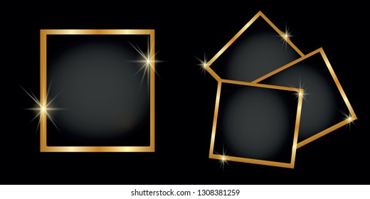 Set of gold shiny square and round frames, on black transparent background. Vector illustration