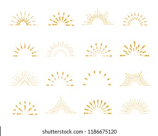 Set of gold shiny sunburst frames, vintage style, halves, isolated on white background. Vector illustration.