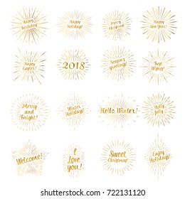 Set of gold signs with the text and a sunburst for different occasions: Birthday, Christmas, New Year, etc.