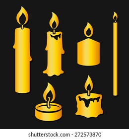 Set of gold silhouette burning  candles on black