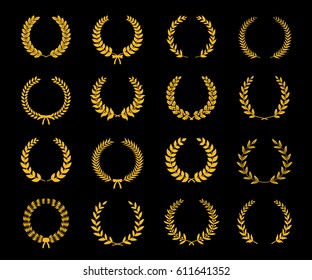 Set of gold silhouette circular laurel foliate and oak wreaths depicting an award, achievement, heraldry, nobility. Vector illustration.