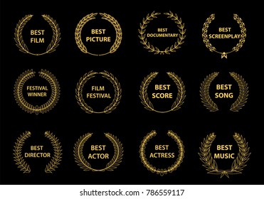 Set of gold silhouette film award wreaths on black background. Vector illustration.