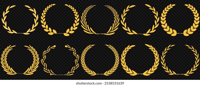 Set of gold silhouette laurel foliate, olive wreaths. Vector illustration for your frame, border, ornament design, wreaths depicting an award, achievement, heraldry, emblem, logo.