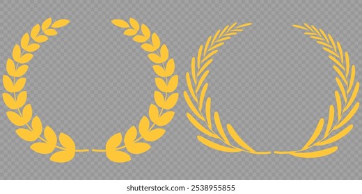 Set of gold silhouette laurel foliate, olive wreaths. Vector illustration for your frame, border, ornament design, wreaths depicting an award, achievement, heraldry, emblem, logo.