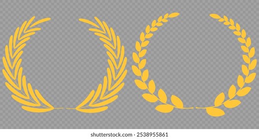 Set of gold silhouette laurel foliate, olive wreaths. Vector illustration for your frame, border, ornament design, wreaths depicting an award, achievement, heraldry, emblem, logo.