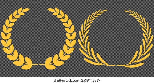 Set of gold silhouette laurel foliate, olive wreaths. Vector illustration for your frame, border, ornament design, wreaths depicting an award, achievement, heraldry, emblem, logo.