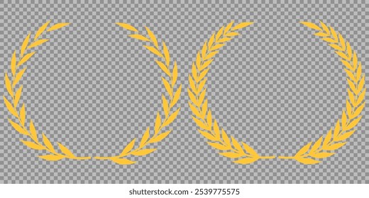 Set of gold silhouette laurel foliate, olive wreaths. Vector illustration for your frame, border, ornament design, wreaths depicting an award, achievement, heraldry, emblem, logo.