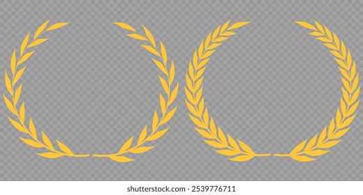 Set of gold silhouette laurel foliate, olive wreaths. Vector illustration for your frame, border, ornament design, wreaths depicting an award, achievement, heraldry, emblem, logo.