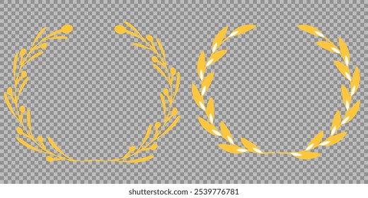 Set of gold silhouette laurel foliate, olive wreaths. Vector illustration for your frame, border, ornament design, wreaths depicting an award, achievement, heraldry, emblem, logo.