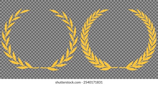 Set of gold silhouette laurel foliate, olive wreaths. Vector illustration for your frame, border, ornament design, wreaths depicting an award, achievement, heraldry, emblem, logo.