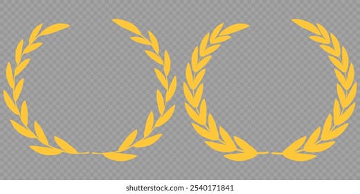 Set of gold silhouette laurel foliate, olive wreaths. Vector illustration for your frame, border, ornament design, wreaths depicting an award, achievement, heraldry, emblem, logo.