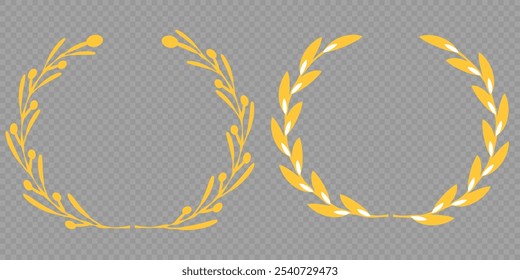 Set of gold silhouette laurel foliate, olive wreaths. Vector illustration for your frame, border, ornament design, wreaths depicting an award, achievement, heraldry, emblem, logo.