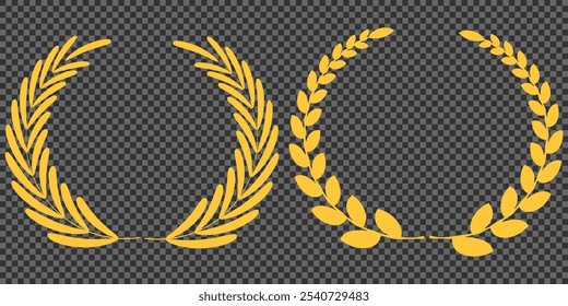 Set of gold silhouette laurel foliate, olive wreaths. Vector illustration for your frame, border, ornament design, wreaths depicting an award, achievement, heraldry, emblem, logo.