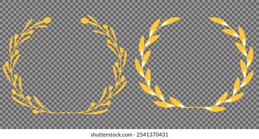 Set of gold silhouette laurel foliate, olive wreaths. Vector illustration for your frame, border, ornament design, wreaths depicting an award, achievement, heraldry, emblem, logo.