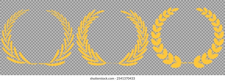 Set of gold silhouette laurel foliate, olive wreaths. Vector illustration for your frame, border, ornament design, wreaths depicting an award, achievement, heraldry, emblem, logo.