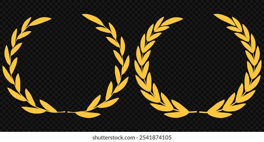 Set of gold silhouette laurel foliate, olive wreaths. Vector illustration for your frame, border, ornament design, wreaths depicting an award, achievement, heraldry, emblem, logo.