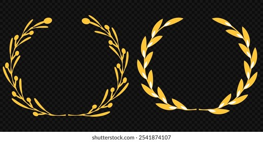 Set of gold silhouette laurel foliate, olive wreaths. Vector illustration for your frame, border, ornament design, wreaths depicting an award, achievement, heraldry, emblem, logo.