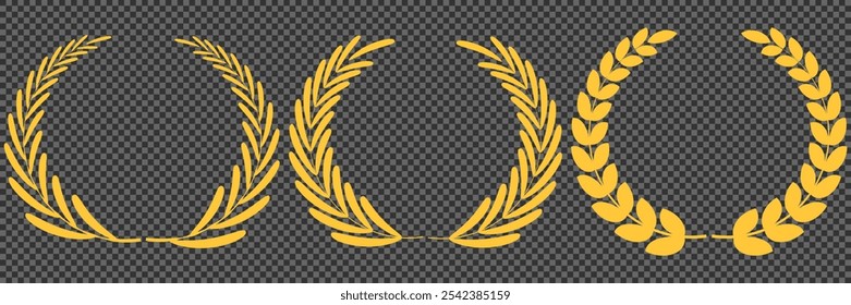 Set of gold silhouette laurel foliate, olive wreaths. Vector illustration for your frame, border, ornament design, wreaths depicting an award, achievement, heraldry, emblem, logo.