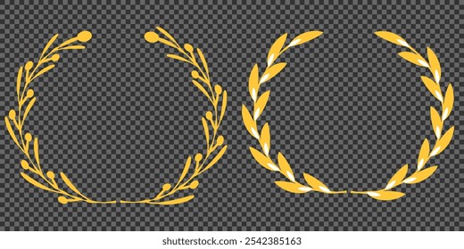 Set of gold silhouette laurel foliate, olive wreaths. Vector illustration for your frame, border, ornament design, wreaths depicting an award, achievement, heraldry, emblem, logo.