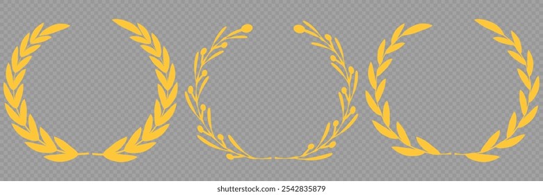 Set of gold silhouette laurel foliate, olive wreaths. Vector illustration for your frame, border, ornament design, wreaths depicting an award, achievement, heraldry, emblem, logo.