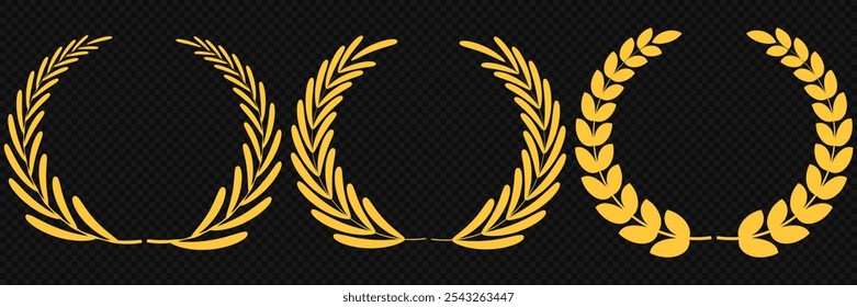 Set of gold silhouette laurel foliate, olive wreaths. Vector illustration for your frame, border, ornament design, wreaths depicting an award, achievement, heraldry, emblem, logo.