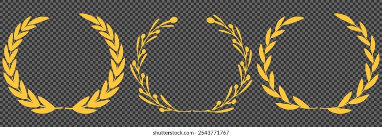 Set of gold silhouette laurel foliate, olive wreaths. Vector illustration for your frame, border, ornament design, wreaths depicting an award, achievement, heraldry, emblem, logo.