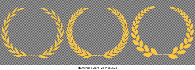 Set of gold silhouette laurel foliate, olive wreaths. Vector illustration for your frame, border, ornament design, wreaths depicting an award, achievement, heraldry, emblem, logo.