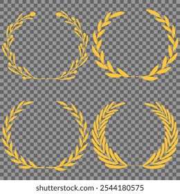 Set of gold silhouette laurel foliate, olive wreaths. Vector illustration for your frame, border, ornament design, wreaths depicting an award, achievement, heraldry, emblem, logo.
