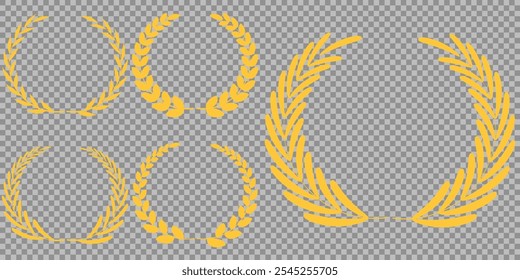 Set of gold silhouette laurel foliate, olive wreaths. Vector illustration for your frame, border, ornament design, wreaths depicting an award, achievement, heraldry, emblem, logo.