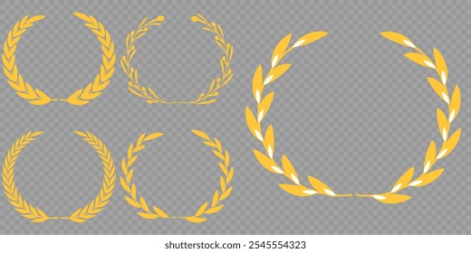 Set of gold silhouette laurel foliate, olive wreaths. Vector illustration for your frame, border, ornament design, wreaths depicting an award, achievement, heraldry, emblem, logo.