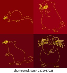 Set of gold silhouette rat on red background. Vector Illustration