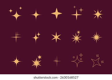 Set of Gold Silhouette Star Icon, Symbol Isolated on Burgundy Color Background.