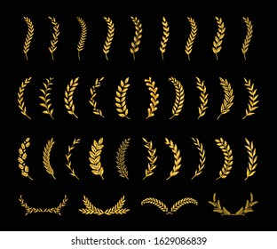 Set of gold silhouette tree branches with laurel, oak and olive foliate. Vector illustration for your frame, border,ornament design, wreaths depicting an award, achievement, heraldry, nobility, emblem