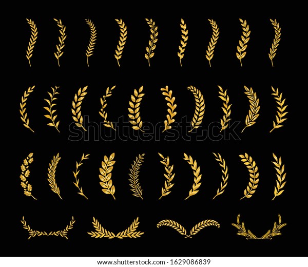 Set of gold silhouette tree branches\
with laurel, oak and olive foliate. Vector illustration for your\
frame, border,ornament design, wreaths depicting an award,\
achievement, heraldry, nobility,\
emblem