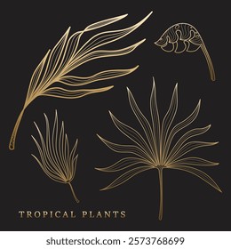 Set of gold silhouettes tropical plants on the black background. Exotic leaves design for tattoo art, card templates, cover pages. Beauty botanical vector illustration.