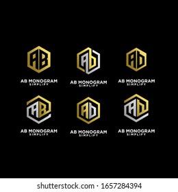 set of gold silver ab, ba, a b initial monogram hexagon letter black logo design with black background