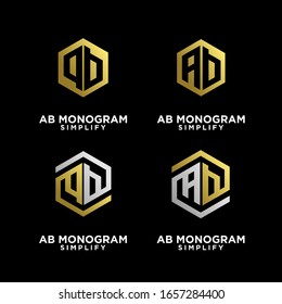 conjunto de ab de plata dorada, ba, un b diseño inicial de logo negro con letra hexagonal con fondo negro