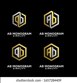set of gold silver ab, ba, a b initial monogram hexagon letter black logo design with black background